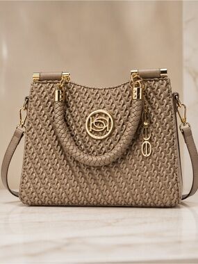 Bebe Taupe Textured Woven Satchel Crossbody Handbag Gold Hardware
